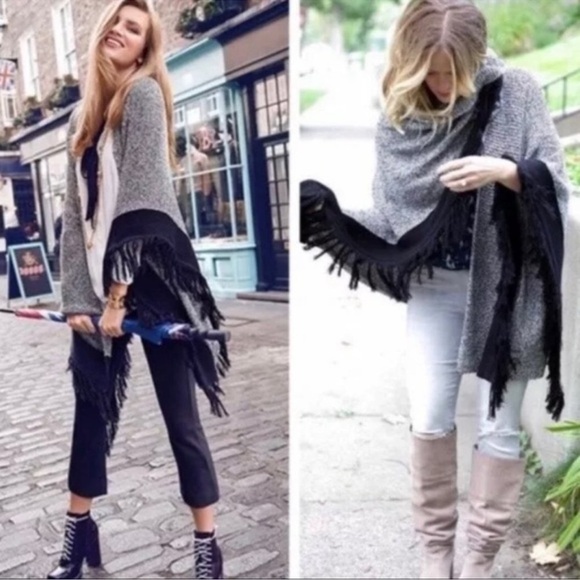 CAbi Style# 3361 Pepper Cape Poncho Shawl Sweater With Fringe Black White - Picture 1 of 11